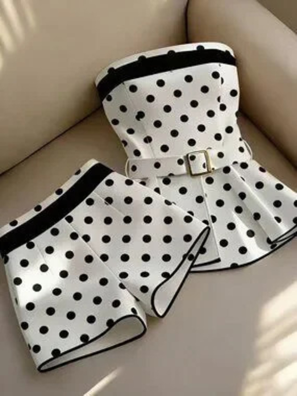 Black And White Casual Women's Polka Dot Bandeau Top And Shorts Outfit